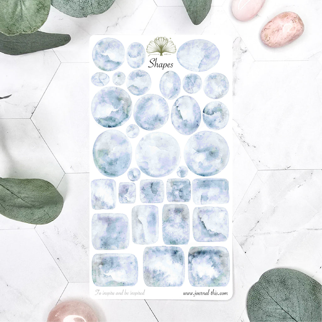 Vormen shapes stickers watercolor waterverf planner bullet journal blauw