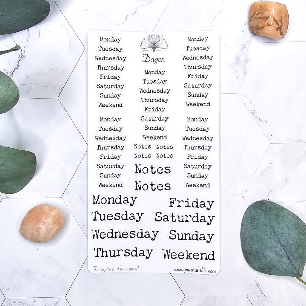 planner stickers bullet journal dagen week zwart engels